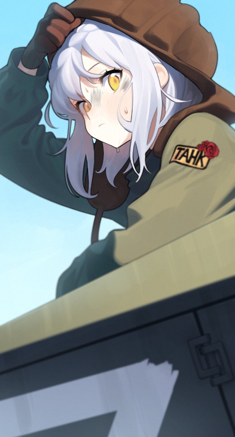 abbystea brown_gloves character_request copyright_request gloves helmet highres military_uniform military_vehicle motor_vehicle russian_commentary tank_helmet uniform white_hair yellow_eyes