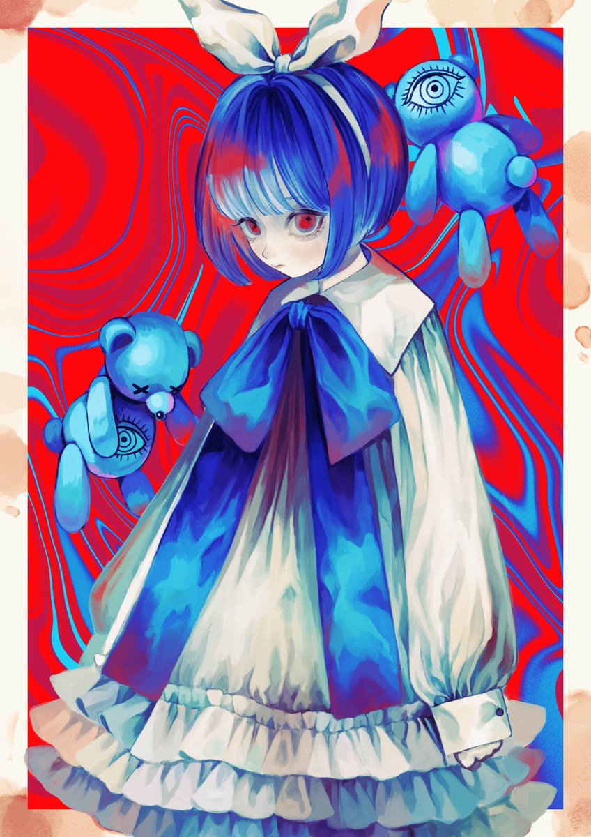 1girl blue_bow blue_hair blunt_bangs border bow closed_mouth collared_dress commentary_request distortion dress expressionless frilled_dress frills hair_bow hairband highres huge_bow long_sleeves looking_at_viewer mo_sakana original red_eyes ribbon short_hair solo standing stuffed_animal stuffed_toy teddy_bear unnamed_girl_(x0o0x) white_dress white_hairband white_ribbon