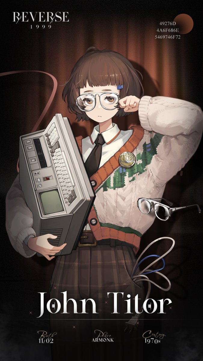 1girl adjusting_eyewear badge belt black_necktie blunt_bangs bob_cut brown_background brown_belt brown_eyes brown_hair brown_pants brown_sweater cable character_name closed_mouth collared_shirt computer copyright_name cowboy_shot curtains dress_shirt electric_plug english_text expressionless glasses hair_ornament hairclip hand_up highres holding john_titor_(reverse:1999) logo long_sleeves looking_at_viewer necktie official_art pants plaid plaid_pants reverse:1999 shirt shirt_tucked_in short_hair solo spotlight sweater white-framed_eyewear white_shirt