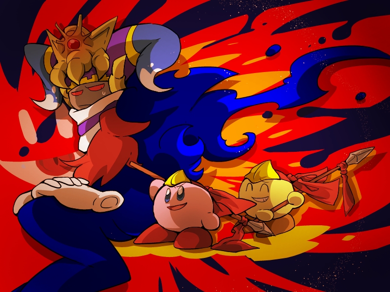 2boys 2others ^_^ blue_eyes blue_horns closed_eyes colored_skin disembodied_limb dual_persona eyeball fiery_background fire frown ghost_tail gloves gold_headwear half-closed_eyes hands_on_lap headband holding holding_polearm holding_weapon horns kirby kirby_(series) looking_at_another magolor magolor_soul master_crown multiple_boys multiple_others open_mouth orange_footwear over_shoulder palette_swap pink_skin polearm projected_inset raised_eyebrow red_eyes red_footwear red_headband red_ribbon ribbon shirushiki shoes sitting smile solid_oval_eyes space spear spear_kirby star_(sky) sweatdrop v_arms weapon weapon_over_shoulder white_gloves yellow_skin