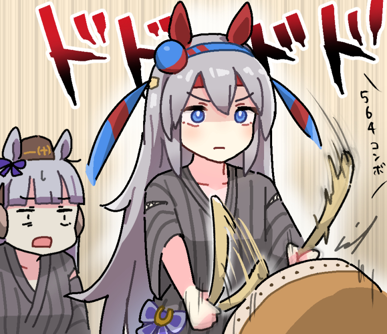 2girls afterimage animal_ears black_kimono blue_eyes breasts brown_headwear closed_mouth constricted_pupils drum drumsticks frown gold_ship_(umamusume) grey_hair hairband hat headband horse_ears instrument japanese_clothes kimono long_hair multiple_girls music oishi_oiru oozora_naomi open_mouth playing_instrument shaded_face small_breasts sound_effects speed_lines standing taiko_drum taiko_no_tatsujin tamamo_cross_(umamusume) umamusume v-shaped_eyebrows voice_actor_connection wide-eyed