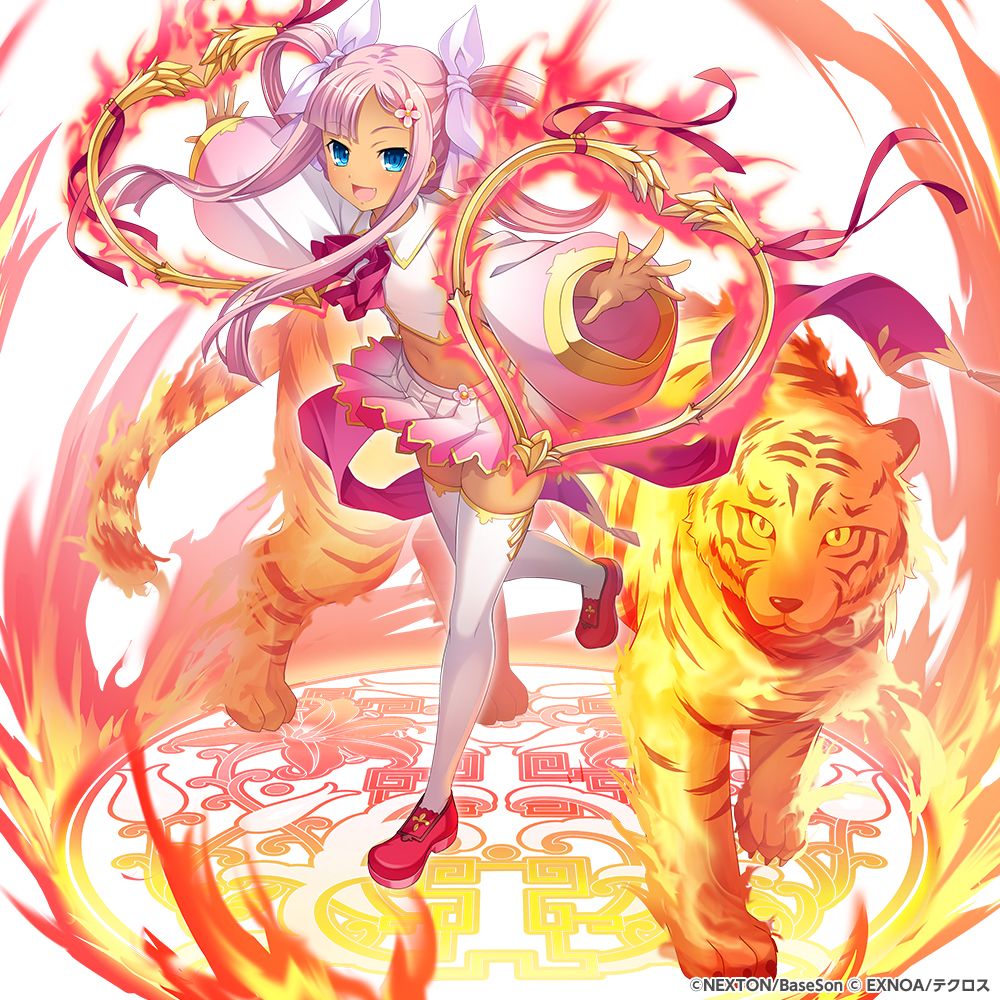 1girl 1other animal arms_up blue_eyes bow fire full_body hair_bow hair_ornament hair_rings hairclip hikage_eiji koihime_musou leg_up long_hair long_sleeves magic_circle midriff miniskirt navel official_art open_mouth outstretched_arms pink_hair pink_shirt pink_skirt pink_sleeves pleated_skirt red_footwear ribbon shin_koihime_musou shirt shoes skirt smile sonshoukou standing standing_on_one_leg thigh-highs thighs tiger twintails weapon white_thighhighs