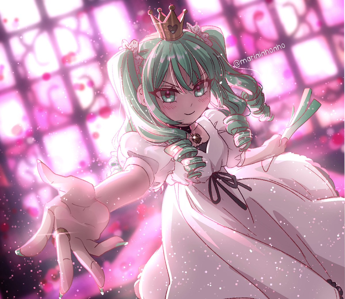 &gt;:) 1girl aqua_eyes aqua_hair aqua_nails backlighting black_choker blurry blurry_background blush breasts choker crown depth_of_field dress fingernails food hair_ribbon hatsune_miku holding holding_food holding_spring_onion holding_vegetable jewelry long_fingernails marininho mini_crown pale_skin pink_background pink_theme project_diva_(series) reaching reaching_towards_viewer ribbon ring ringlets short_sleeves small_breasts smile solo sparkle spring_onion stained_glass tsurime twintails twitter_username v-shaped_eyebrows vegetable vocaloid white_dress world_is_mine_(vocaloid)
