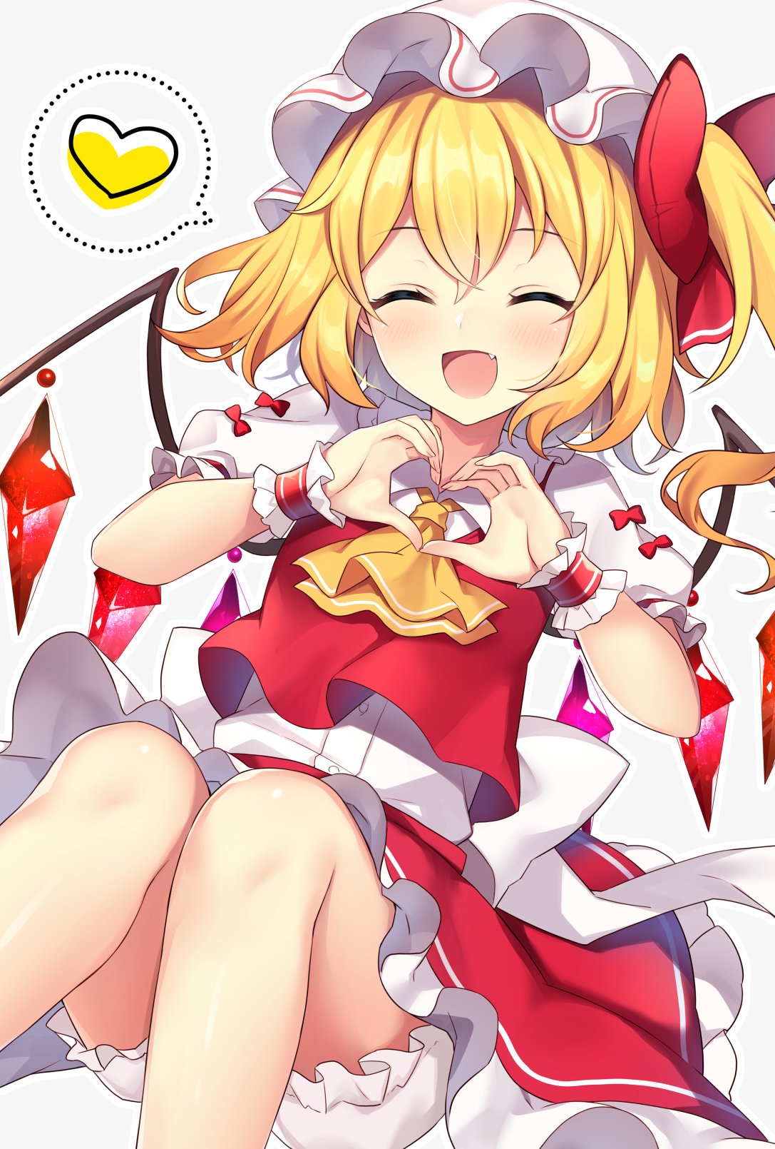 1girl :d ascot blonde_hair bloomers blush bow closed_eyes crystal crystal_wings fang flandre_scarlet frilled_shirt_collar frilled_skirt frills hair_between_eyes hat hat_ribbon heart highres mob_cap open_mouth puffy_short_sleeves puffy_sleeves red_bow red_ribbon red_skirt red_vest ribbon ruhika shirt short_hair short_sleeves side_ponytail simple_background sitting skirt skirt_set smile solo touhou underwear vest white_background white_headwear wings wrist_cuffs yellow_ascot