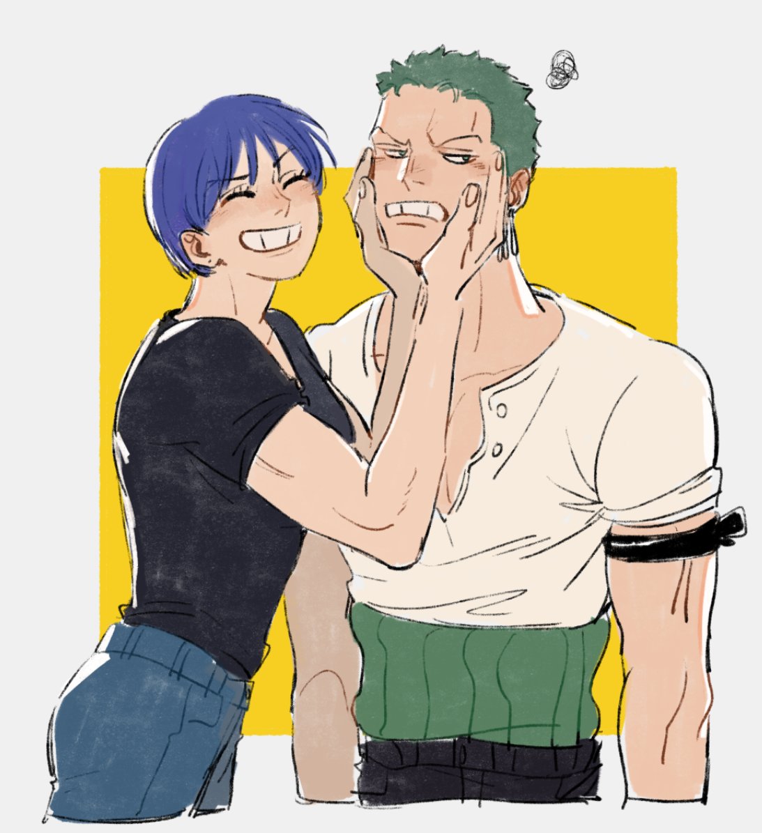 1boy 1girl aged_up bandana bandana_around_arm black_shirt blue_hair blush closed_eyes denim earrings green_hair guillartee hands_on_another's_cheeks hands_on_another's_face haramaki jeans jewelry kuina one_piece pants roronoa_zoro shirt short_hair short_sleeves single_earring smile teeth time_paradox