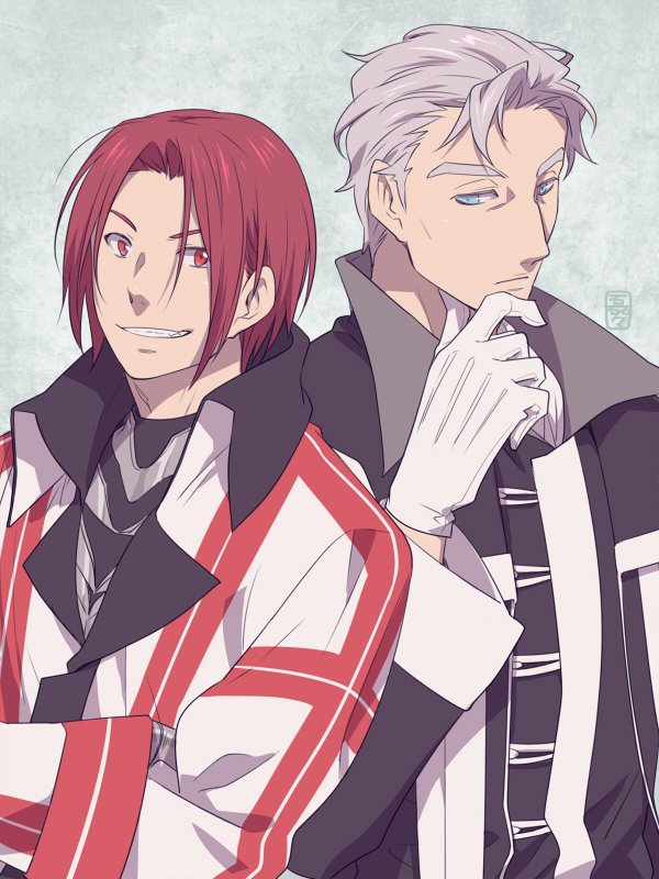 2boys closed_mouth coat culgan_(suikoden) gensou_suikoden gensou_suikoden_ii gloves looking_at_viewer male_focus multiple_boys red_eyes redhead seed_(suikoden) short_hair smile white_gloves white_hair