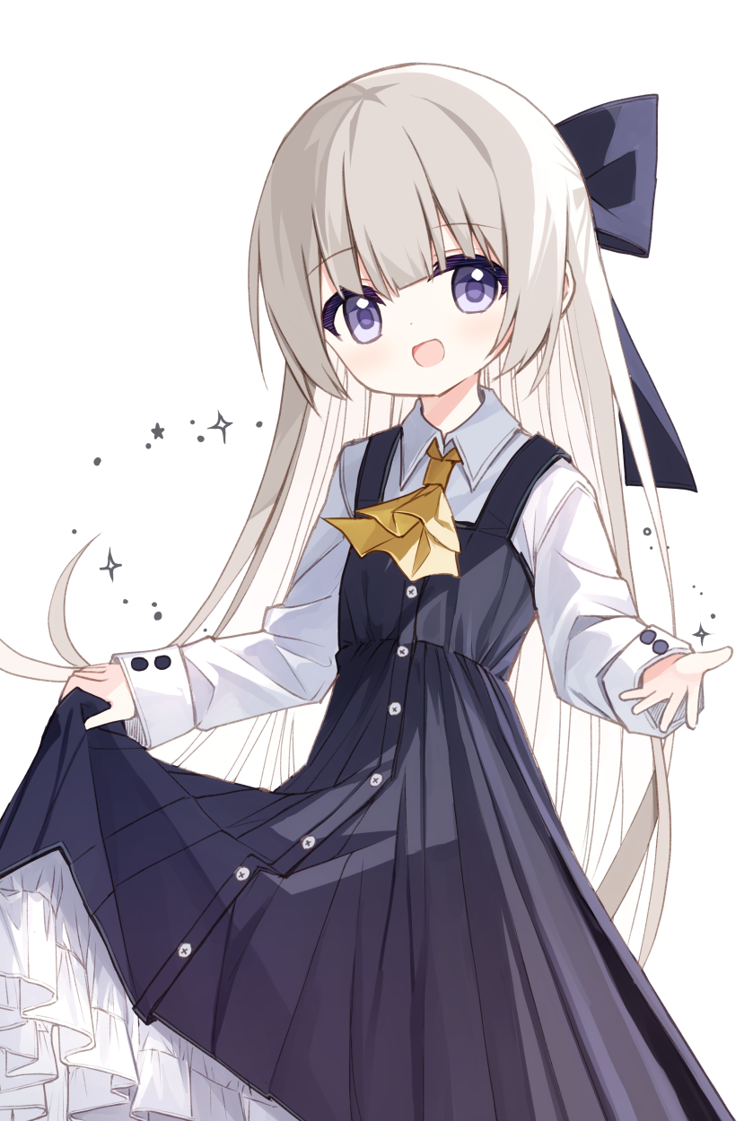 1girl :d ascot blue_bow blue_dress blue_eyes bow collared_shirt dress grey_hair hair_bow healer_girl_(yuuhagi_(amaretto-no-natsu)) highres long_hair long_sleeves looking_at_viewer original pleated_dress shirt simple_background skirt_hold sleeveless sleeveless_dress sleeves_past_wrists smile solo sparkle very_long_hair white_background white_shirt yellow_ascot yuuhagi_(amaretto-no-natsu)