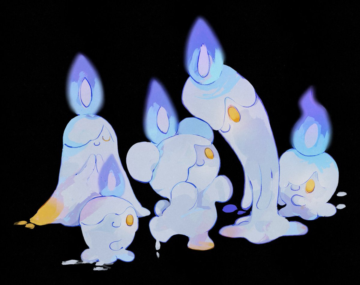 black_background blue_fire candle closed_eyes closed_mouth commentary_request fire full_body lil litwick looking_at_another melting no_humans pokemon pokemon_(creature) simple_background smile standing yellow_eyes