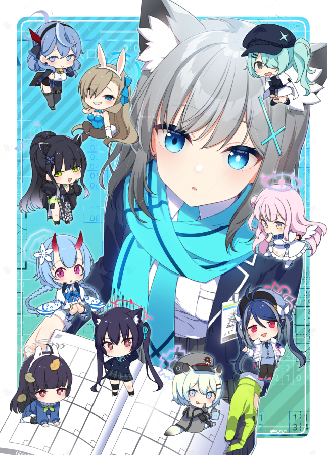 6+girls ako_(blue_archive) angel_wings animal_ear_fluff animal_ears asuna_(blue_archive) asuna_(bunny)_(blue_archive) bell black_hair blue_archive blue_eyes blue_hair blue_halo blue_leotard blue_scarf blush breasts cabbie_hat cat_ears chibi chise_(blue_archive) clipboard cowbell cross cross_hair_ornament extra_ears fake_animal_ears flower fubuki_(blue_archive) gloves green_gloves grey_hair hair_bun hair_flower hair_ornament hair_over_one_eye hairband halo hat hiyori_(blue_archive) holding holding_clipboard horns inverted_cross koruri large_breasts leaf leaf_on_head leotard light_green_hair long_hair long_sleeves looking_at_viewer low_wings medium_hair mika_(blue_archive) mismatched_pupils miyu_(blue_archive) multiple_girls neck_bell official_alternate_costume oni_horns pantyhose pink_hair pink_halo playboy_bunny rabbit_ears red_eyes red_horns scarf school_uniform serika_(blue_archive) shigure_(blue_archive) shiroko_(blue_archive) short_hair shun_(blue_archive) simple_background single_side_bun smile tail twintails two_side_up very_long_hair weasel_ears weasel_tail white_wings wings wolf_ears