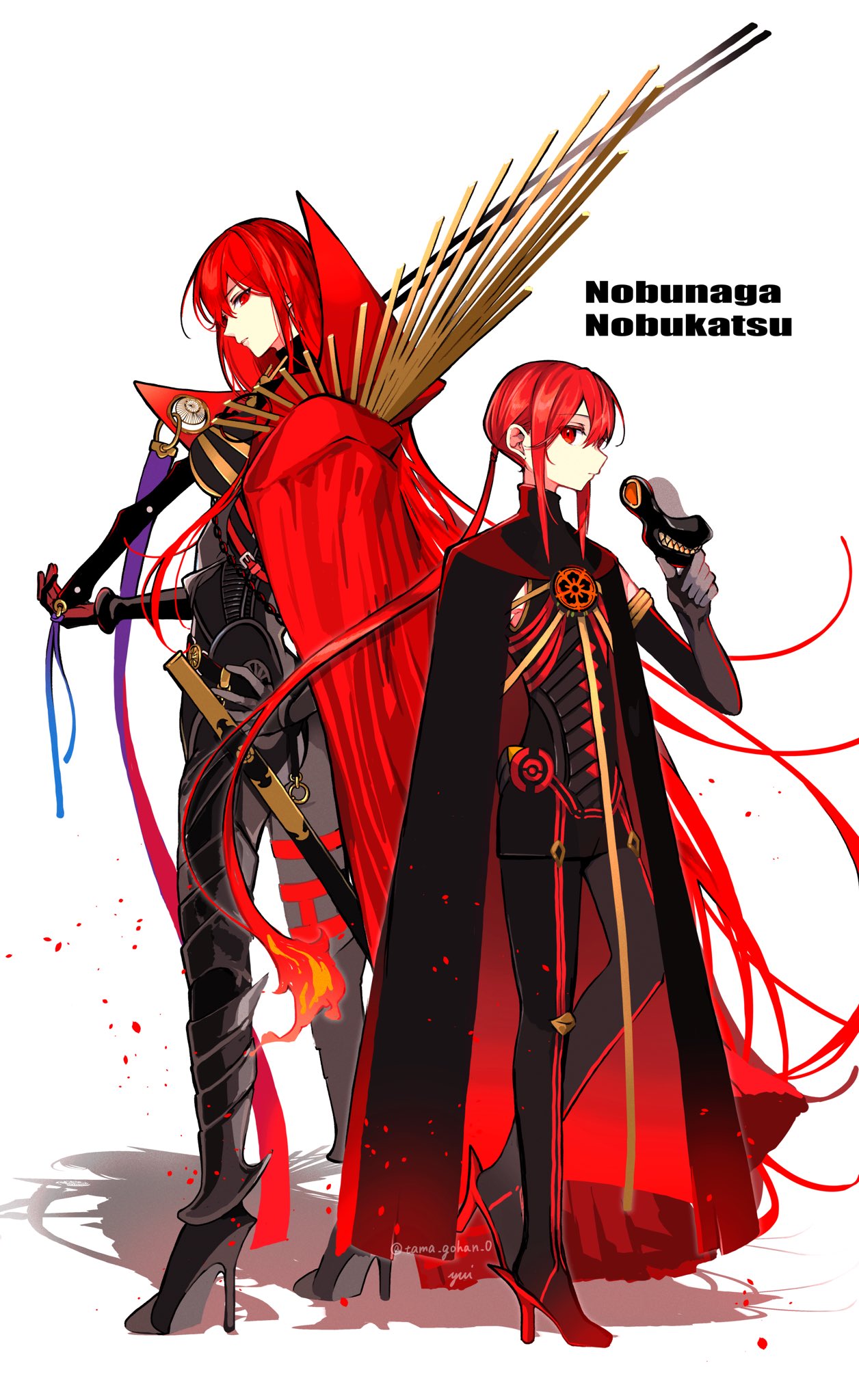 1boy 1girl black_bodysuit black_cape black_pants bodysuit brother_and_sister cape character_name closed_mouth embers fate/grand_order fate_(series) hand_on_own_hip hi_(wshw5728) high_heels highres holding holding_mask holding_weapon long_hair mask oda_nobukatsu_(fate) oda_nobunaga_(fate) oda_nobunaga_(maou_avenger)_(fate) pants red_eyes redhead scabbard sheath siblings signature simple_background twitter_username very_long_hair weapon white_background