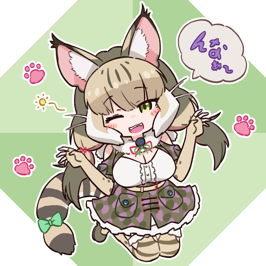 1girl animal_ears belt camouflage cat_ears cat_girl cat_tail da_(bobafett) elbow_gloves extra_ears gloves green_background green_eyes jungle_cat_(kemono_friends) kemono_friends kemono_friends_v_project kneehighs long_hair looking_at_viewer microphone one_eye_closed ribbon shirt shoes simple_background skirt socks solo tail twintails virtual_youtuber