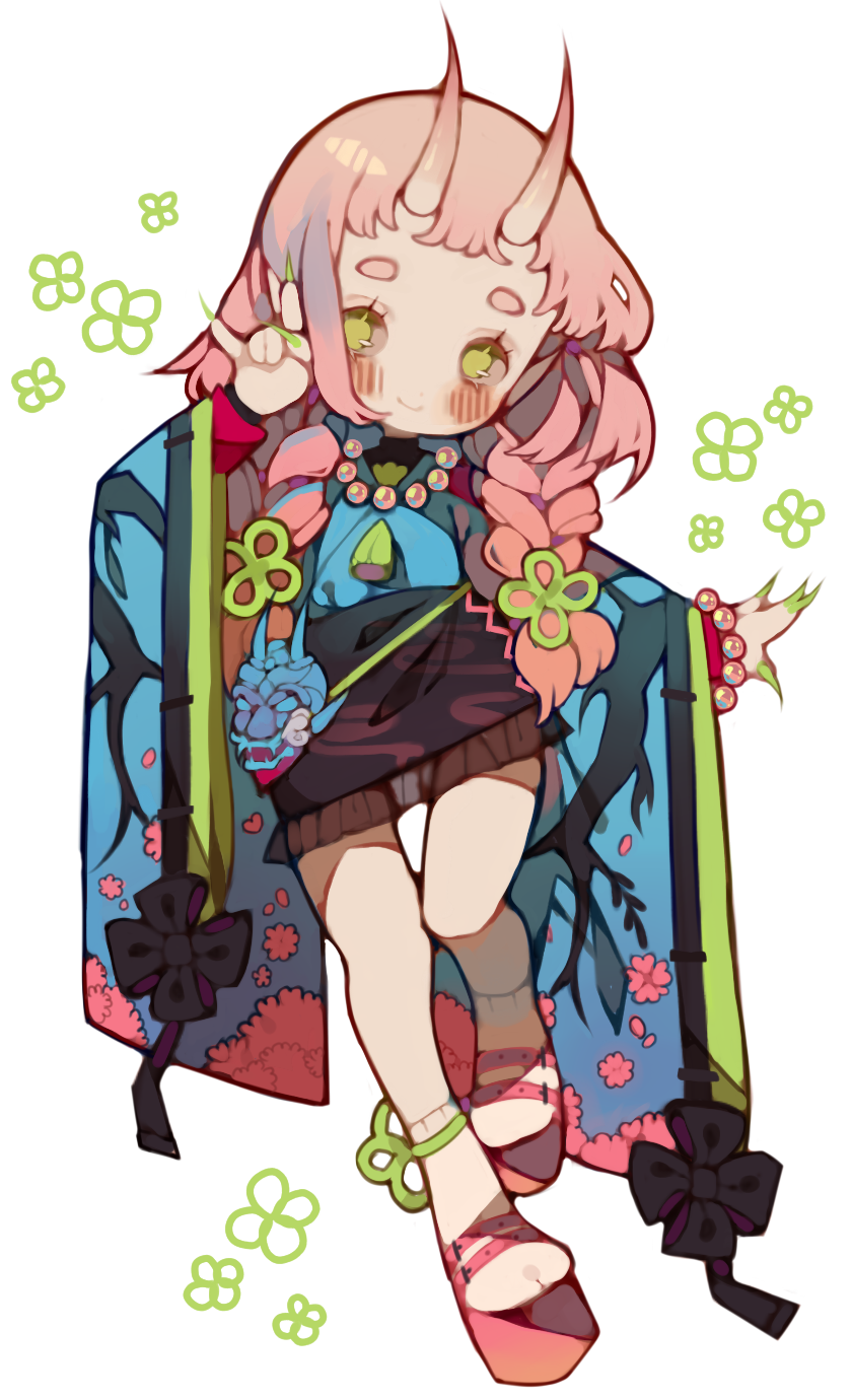 1girl black_bow black_skirt blue_kimono blush blush_stickers bow bracelet braid cherry_blossom_print chibi closed_mouth commission english_commentary eyelashes floral_print flower footwear_flower frilled_skirt frills geta gradient_horns green_eyes green_flower hair_flower hair_ornament hand_up highres horns japanese_clothes jewelry kimono littlebluemuffin long_hair long_sleeves looking_at_viewer miniskirt multicolored_horns necklace original outstretched_arm pearl_bracelet pearl_necklace pink_hair pink_horns red_footwear skirt sleeve_bow smile socks tabi tassel thick_eyebrows transparent_background tree_print twin_braids white_socks wide_sleeves
