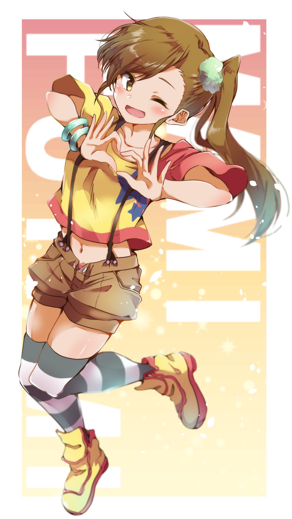 :d blush boots bracelet breasts brown_eyes brown_hair brown_shorts ca2la character_name commentary_request commission eyelashes framed full_body futami_mami gradient_background green_scrunchie hair_ornament hair_scrunchie hands_up happy heart heart_hands highres idolmaster idolmaster_(classic) jewelry knees_together_feet_apart legs long_hair looking_at_viewer navel one_eye_closed open_mouth panties panty_peek pink_panties red_background scrunchie shirt short_sleeves shorts side_ponytail simple_background skindentation small_breasts smile sparkle standing standing_on_one_leg suspender_shorts suspenders swept_bangs underwear yellow_background yellow_footwear yellow_shirt zettai_ryouiki