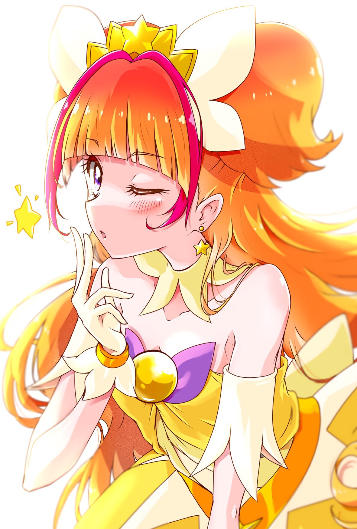 1girl amanogawa_kirara bare_shoulders blush choker cowboy_shot cure_twinkle earrings gloves go!_princess_precure highres jewelry long_hair looking_at_viewer magical_girl multicolored_hair nita_(onakatohoppe) one_eye_closed orange_hair precure quad_tails redhead smile solo star_(symbol) star_earrings streaked_hair twintails two-tone_hair very_long_hair violet_eyes white_background white_gloves yellow_choker