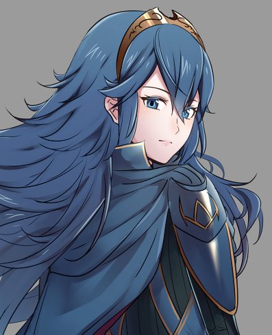1girl ameno_(a_meno0) armor cape expressionless fire_emblem fire_emblem_awakening from_behind grey_background hair_between_eyes long_hair long_sleeves looking_at_viewer looking_back lowres lucina_(fire_emblem) shoulder_armor solo sweater symbol-shaped_pupils tiara upper_body