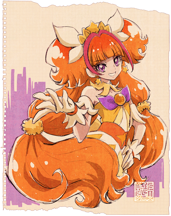 1girl amanogawa_kirara artist_logo commentary_request cure_twinkle dress earrings english_commentary eyelashes gloves go!_princess_precure hair_ornament happy jewelry kamikita_futago long_hair looking_at_viewer magical_girl multicolored_hair official_art orange_dress orange_hair paper_background partial_commentary pink_hair precure signature simple_background smile solo standing star_(symbol) star_earrings streaked_hair twintails two-tone_hair very_long_hair violet_eyes watercolor_background wrist_cuffs