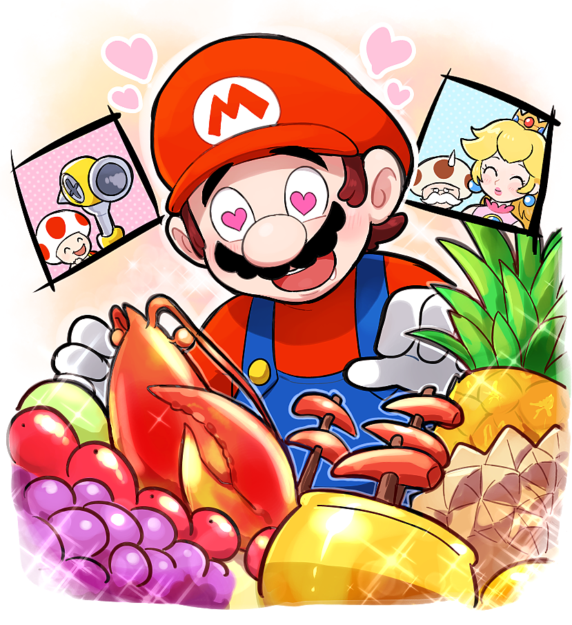 1girl 4boys blonde_hair blue_overalls brown_hair commentary crown durian earrings f.l.u.d.d. facial_hair food fruit gloves grapes hoshi_(star-name2000) jewelry lobster long_hair mario multiple_boys mustache overalls pineapple princess_peach red_shirt red_toad_(mario) shirt short_hair super_mario_bros. super_mario_sunshine toad_(mario) toadsworth