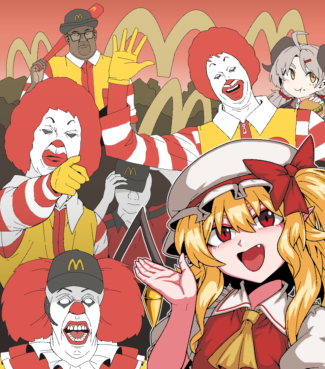 2girls 5boys ahoge ascot big_smoke blonde_hair blue_archive blush brown_eyes burger closed_mouth collared_shirt crossover eating fang flandre_scarlet food food_on_face formicid frilled_shirt_collar frills grand_theft_auto grand_theft_auto:_san_andreas hair_ornament hairclip hat highres holding holding_food horns it_(stephen_king) izumi_(blue_archive) light_brown_hair long_hair mcdonald's mob_cap multiple_boys multiple_crossover multiple_girls one_side_up open_mouth pennywise pointing pointy_ears red_eyes red_vest revision ronald_mcdonald shirt short_sleeves smile touhou twintails vest white_headwear white_shirt wojak yellow_ascot