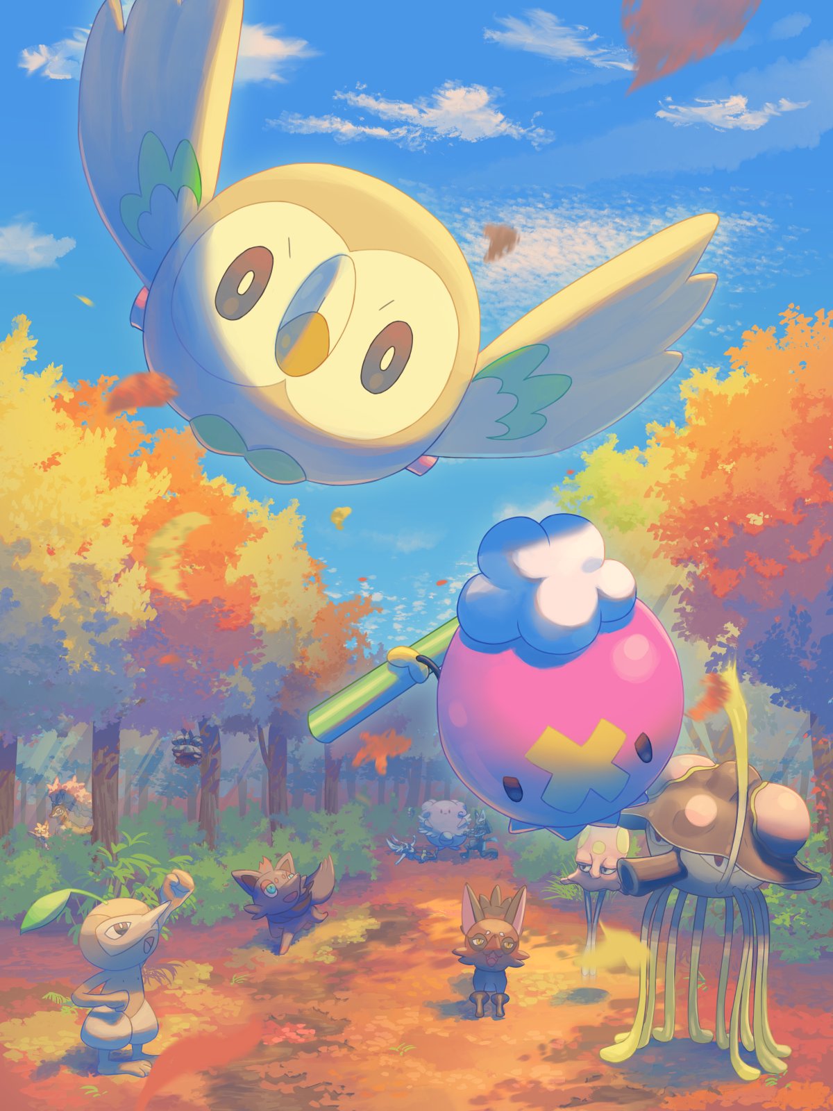 autumn bird blissey bush cinderace clouds commentary_request day deerling drifloon falling_leaves flying highres holding leaf lucario mokukitusui nickit no_humans nuzleaf outdoors path pineco pokemon pokemon_(creature) rowlet sawsbuck sky toedscool toedscruel tree zorua