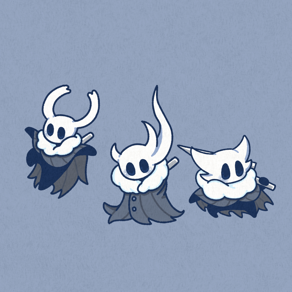 3others alternate_costume black_eyes black_skin blank_eyes blush broken_vessel_(hollow_knight) buttons cloak colored_skin commentary full_body fur-trimmed_cloak fur_trim greenpath_vessel_(hollow_knight) grey_background grey_cloak holding holding_weapon hollow_knight jumping knight_(hollow_knight) looking_at_viewer multiple_others nail_(hollow_knight) other_focus sakana_2-gou simple_background standing weapon weapon_on_back winter_clothes