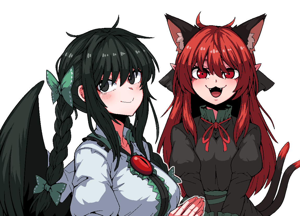 2girls :3 :d alternate_hairstyle animal_ear_fluff animal_ears bird_wings black_eyes black_hair black_wings blush bow braid breasts cat_ears cat_tail chest_jewel closed_mouth dress extra_ears eyebrows_hidden_by_hair fangs formicid green_bow green_dress grey_dress hair_bow hair_down hair_over_eyes hair_ribbon hairstyle_switch juliet_sleeves kaenbyou_rin large_breasts long_hair long_sleeves looking_at_viewer looking_to_the_side medium_breasts multiple_girls multiple_tails nekomata open_mouth puffy_sleeves red_eyes redhead reiuji_utsuho ribbon simple_background smile straight-on tail tongue touhou tress_ribbon twin_braids two_tails v_arms very_long_hair white_background wings