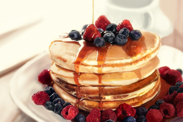 blueberry blurry blurry_background commentary_request food food_focus fruit no_humans original pancake pancake_stack plate puchira raspberry realistic still_life strawberry syrup