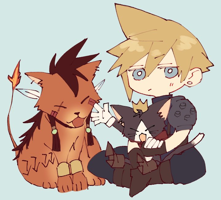 1boy animal animal_on_lap armor beads black_cat black_fur black_gloves blonde_hair blue_background blue_eyes boots bracelet brown_footwear brown_hair cait_sith_(ff7) cape cat cat_on_lap chibi closed_eyes crown earrings expressionless facial_mark feather_hair_ornament feathers final_fantasy final_fantasy_vii fire gloves gold_bracelet hair_beads hair_ornament happy holding jewelry male_focus mini_crown nitoya_00630a on_lap open_mouth pants pauldrons red_cape red_fur scar scar_across_eye scar_on_face short_hair shoulder_armor simple_background single_pauldron sitting sitting_on_lap sitting_on_person sleeveless sleeveless_turtleneck smile spiky_hair stud_earrings tail tattoo tribal_tattoo turtleneck waving white_fur white_gloves