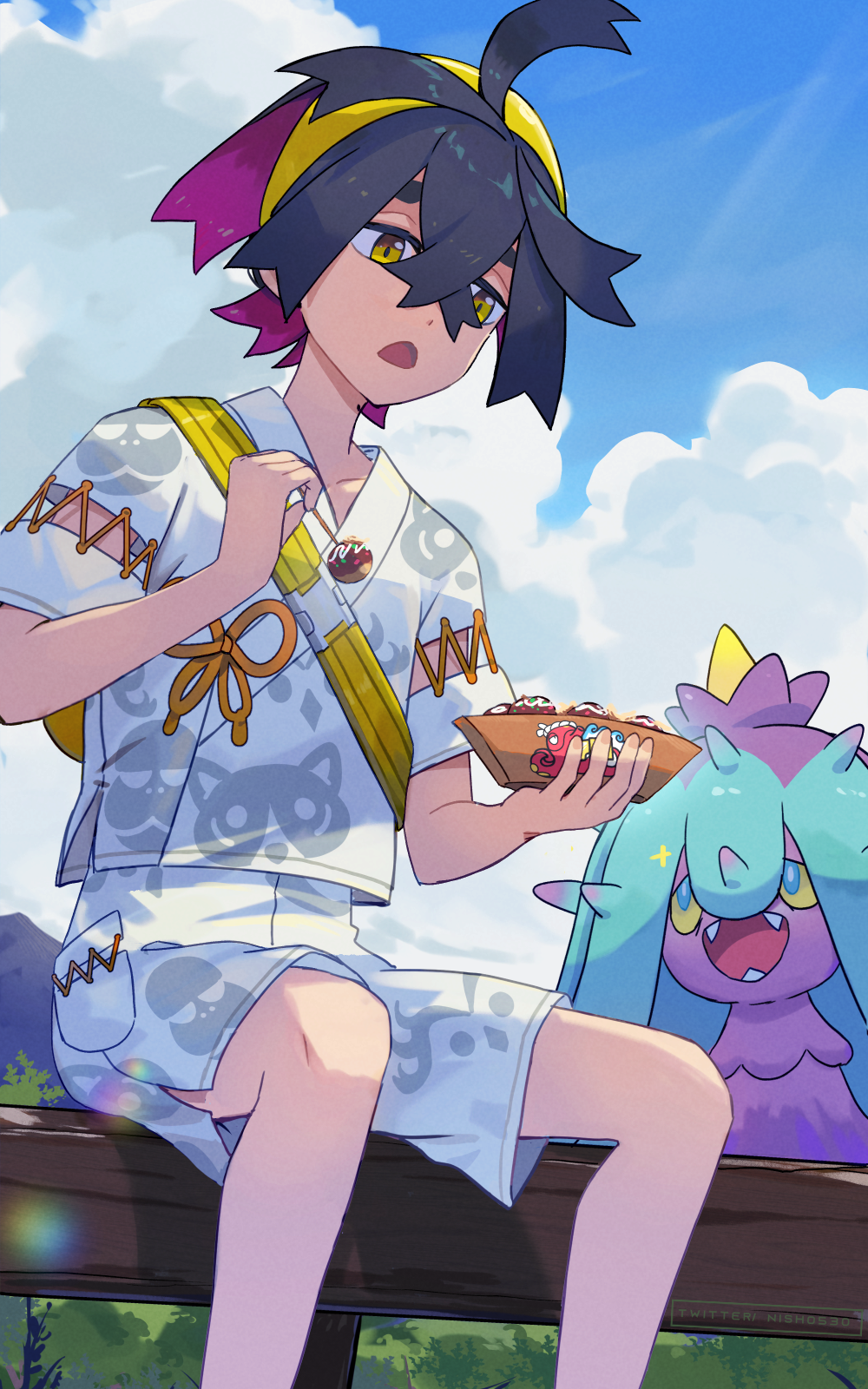 1boy :o ahoge backpack bag bench black_hair clouds colored_inner_hair commentary_request crossed_bangs day food hair_between_eyes hairband highres holding holding_skewer hsin kieran_(pokemon) knees male_focus mareanie multicolored_hair open_mouth outdoors pokemon pokemon_(creature) pokemon_(game) pokemon_sv shirt short_sleeves shorts sitting skewer sky white_shirt white_shorts yellow_bag yellow_eyes yellow_hairband