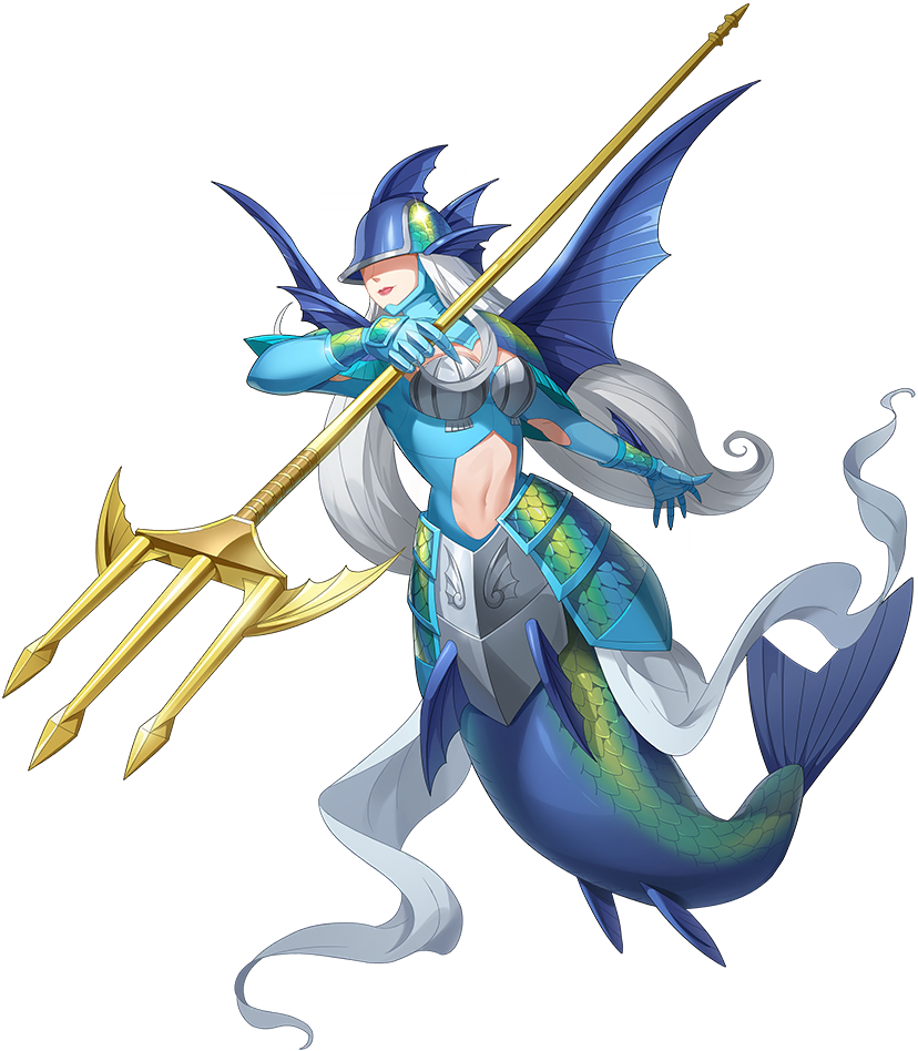 1girl ancientmermaimon covered_eyes digimon digimon_(creature) fins helmet_over_eyes holding holding_polearm holding_weapon long_hair mermaid monster_girl navel official_art polearm simple_background solo tail transparent_background trident very_long_hair weapon white_hair