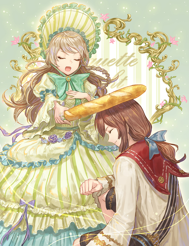 1boy 1girl baguette black_shorts blue_ribbon bonnet bow braid bread chain_belt closed_eyes closed_mouth dress feet_out_of_frame flower flower_ornament flower_ring food framed frilled_dress frills gown green_background green_bow green_dress green_headwear hair_ribbon hand_on_own_chest holding holding_food jewelry juliet_sleeves kankito knighting layered_dress light_brown_hair light_smile long_hair long_sleeves low_ponytail on_one_knee open_mouth original pink_flower profile puffy_sleeves purple_bow purple_flower purple_rose red_sailor_collar ribbon ring rose sailor_collar sash shirt shorts shoulder_sash side_braid standing striped striped_dress white_shirt wide_sleeves