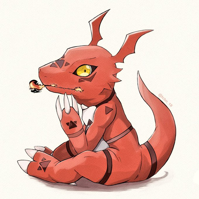 1other breathing_fire digimon digimon_(creature) fire full_body guilmon looking_at_viewer no_humans rikka_(tcbn_18) simple_background solo white_background