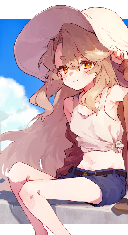1girl belt blonde_hair blue_sky blush clouds hat holding holding_clothes holding_hat long_bangs long_hair midriff original outdoors rimukoro sitting sky solo sun_hat thick_eyebrows very_long_hair yellow_eyes