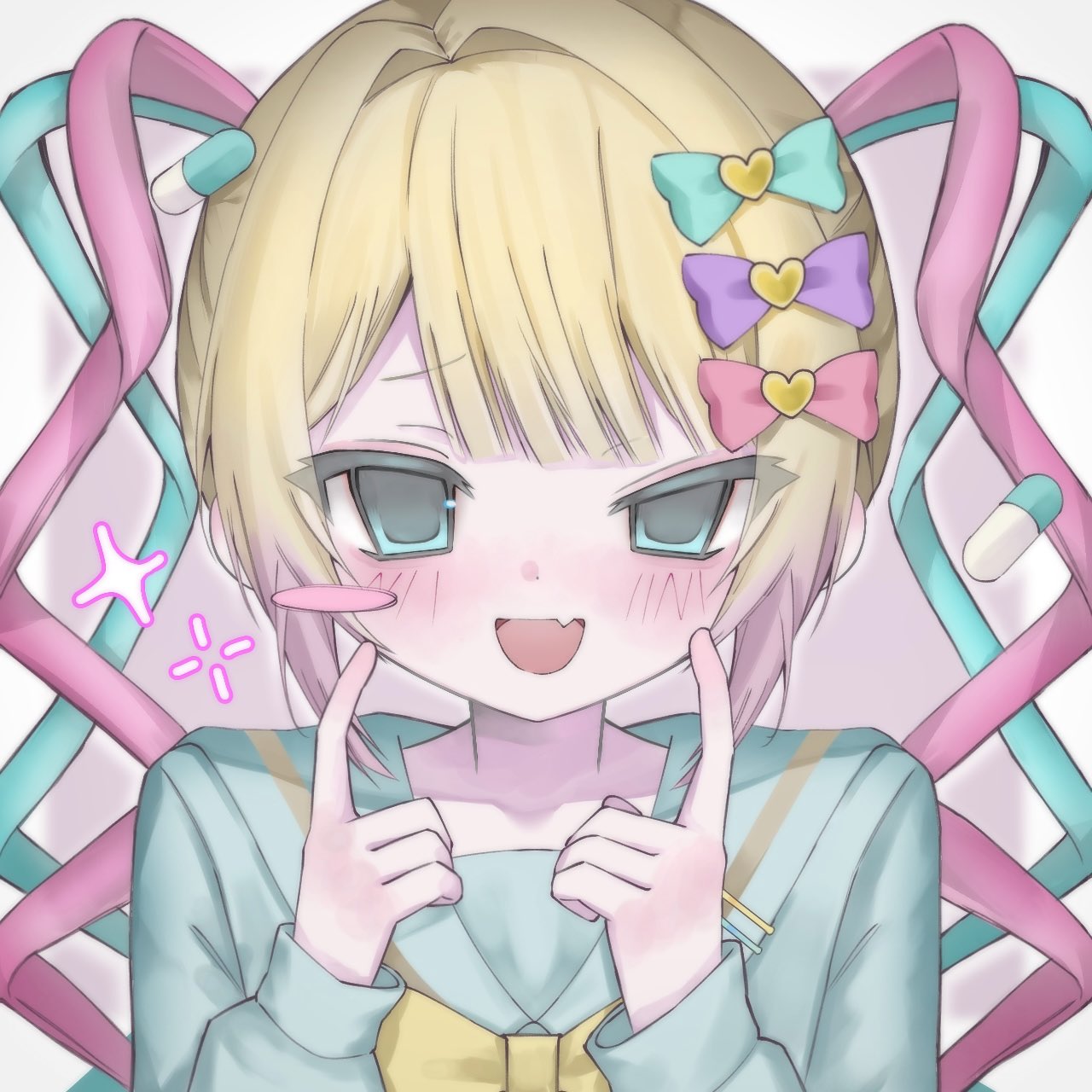 1girl :d blonde_hair blue_bow blue_eyes blue_hair blue_shirt blunt_bangs blush blush_stickers bow chouzetsusaikawa_tenshi-chan commentary_request fang fingers_to_cheeks hair_bow hair_ornament hands_up heart heart_hair_ornament highres long_hair long_sleeves looking_at_viewer multicolored_hair needy_girl_overdose open_mouth pill pink_bow pink_hair purple_bow quad_tails sailor_collar shirt sina25 skin_fang smile solo twintails upper_body yellow_bow