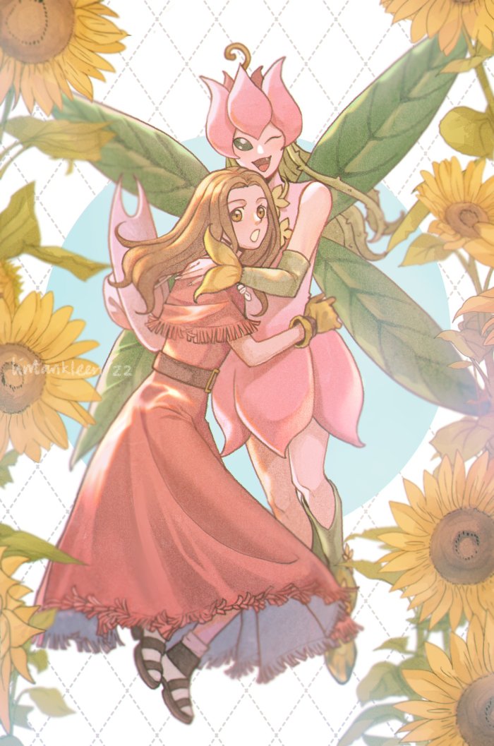 2girls belt brown_belt brown_eyes brown_gloves brown_hair cowboy_hat detached_sleeves digimon digimon_(creature) dress fairy flower full_body gloves green_sleeves hat hat_removed headwear_removed hug leaf_wings lilimon long_dress long_hair looking_at_viewer monster_girl multiple_girls one_eye_closed open_mouth petals plant plant_girl red_dress rosalina_lintang sandals sunflower tachikawa_mimi