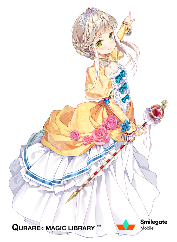 1girl blue_bow bow braid braided_bun company_name copyright_name dress dress_bow dress_flower earrings flower frilled_sleeves frills full_body gem gilse gown green_eyes grey_hair hair_bun holding holding_scepter jewelry juliet_sleeves light_blush long_sleeves looking_at_viewer looking_to_the_side necklace official_art outstretched_arm parted_lips pearl_necklace pink_flower pink_rose pointing princess puffy_sleeves qurare_magic_library rose scepter short_bangs sidelocks simple_background smile solo standing tiara two-tone_dress white_background white_dress wispy_bangs yellow_dress