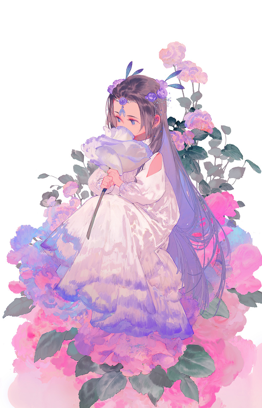 1girl blue_eyes brown_hair dress flower full_body hair_ornament highres ibuki_satsuki leaf long_dress long_hair looking_to_the_side original parted_bangs pink_flower simple_background sitting solo white_background white_dress