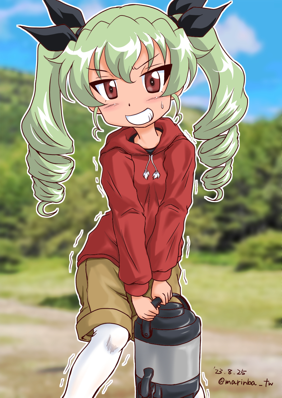1girl anchovy_(girls_und_panzer) black_ribbon blue_sky blurry blurry_background brown_eyes brown_shorts casual clouds commentary dated day depth_of_field drawstring drill_hair girls_und_panzer green_hair grin hair_ribbon highres holding hood hood_down hoodie jug_(bottle) long_hair looking_at_viewer marinba_(bell_yamashige) outdoors outline pantyhose pantyhose_under_shorts red_hoodie ribbon shorts sky smile solo standing sweat trembling twin_drills twintails twitter_username white_outline white_pantyhose