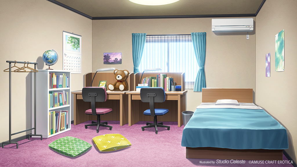 air_conditioner bed bedroom blanket calendar_(object) ceiling_light curtains indoors interior no_humans ono_tomohiro original pillow scenery stuffed_animal stuffed_toy teddy_bear window