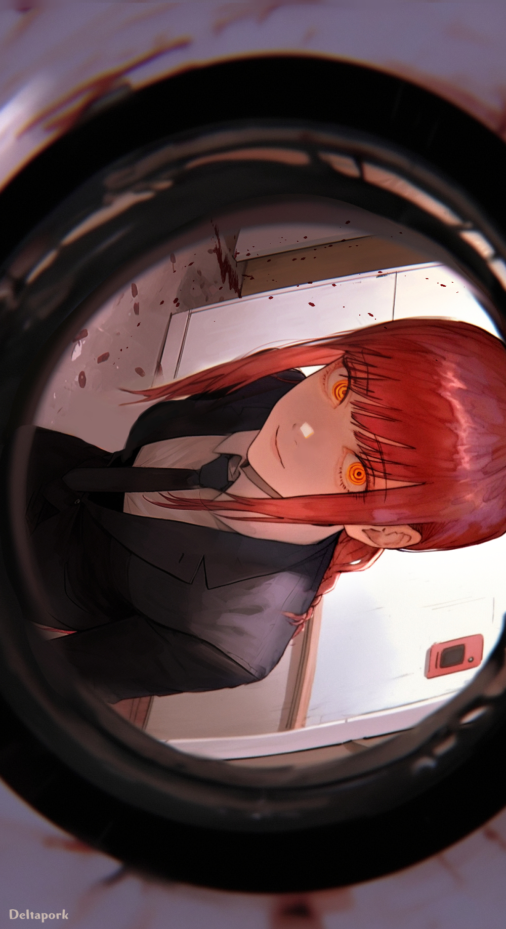 1girl black_necktie black_pants blood blood_splatter braid braided_ponytail breasts business_suit chainsaw_man collared_shirt deltapork formal highres long_hair looking_at_viewer makima_(chainsaw_man) necktie office_lady pants redhead ringed_eyes shirt sidelocks smile solo suit white_shirt yellow_eyes