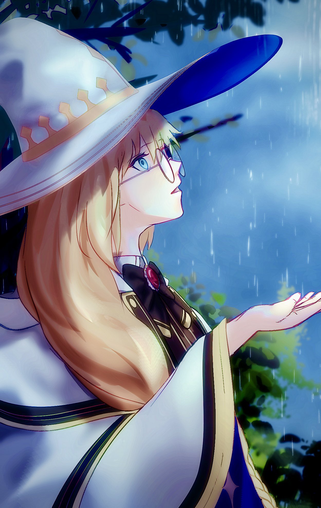 1girl blonde_hair character_request clouds cloudy_sky fate/grand_order fate_(series) from_side glasses hand_up hat highres long_hair looking_up morgan_le_fay_(fate) pistachiohyeah profile rain round_eyewear sky solo upper_body witch_hat worried