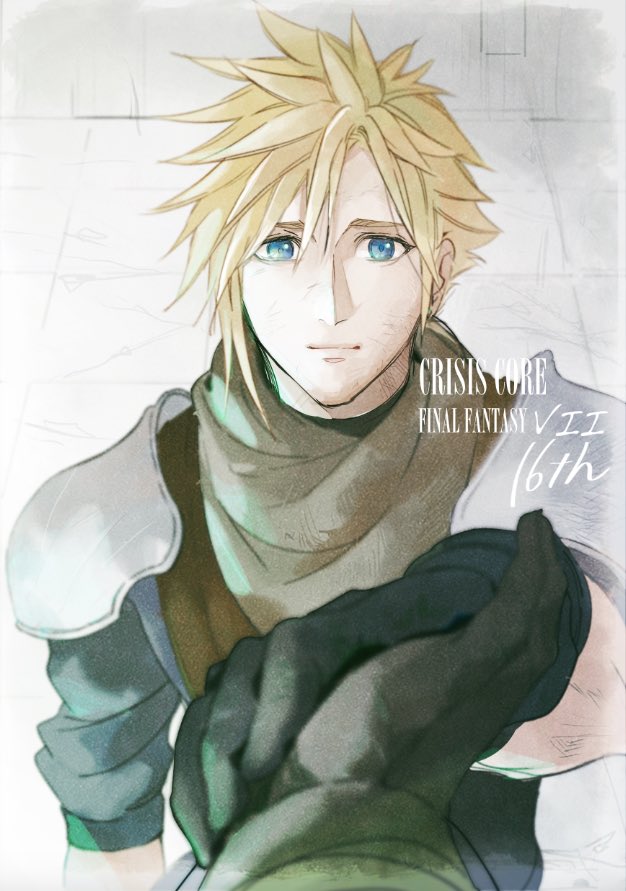 2b_fff 2boys anniversary armor black_gloves blonde_hair blue_eyes blue_jacket brown_gloves closed_mouth cloud_strife crisis_core_final_fantasy_vii final_fantasy final_fantasy_vii gloves hair_between_eyes holding_hands jacket looking_at_viewer male_focus multiple_boys out_of_frame outstretched_arm pov reaching reaching_towards_viewer scarf shinra_infantry_uniform short_hair shoulder_armor spiky_hair upper_body zack_fair