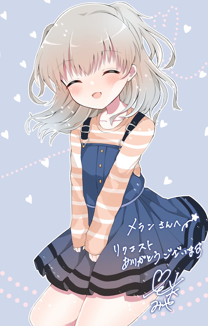 1girl :d ^_^ aged_down blue_dress blush charlotte_(anime) child closed_eyes collarbone commentary_request commission cowboy_shot dress floating_hair grey_background grey_hair hair_between_eyes happy heart medium_hair nanakusa_miya open_mouth orange_shirt shirt short_dress signature simple_background skeb_commission sleeves_past_wrists smile solo standing striped striped_shirt suspenders tomori_nao two_side_up v_arms