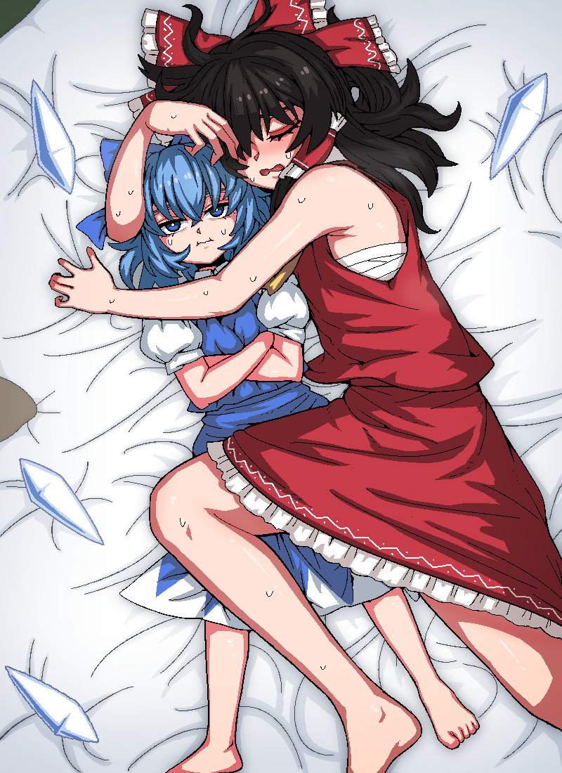 2girls :i ascot bare_shoulders barefoot black_hair blue_bow blue_eyes blue_hair blue_skirt blue_vest bow breasts bright_pupils chest_sarashi cirno closed_eyes closed_mouth detached_wings dress foot_out_of_frame formicid frilled_bow frilled_hair_tubes frilled_skirt frills from_side full_body hair_between_eyes hair_bow hair_tubes hakurei_reimu holding_breath hot japanese_clothes long_hair looking_at_viewer lying medium_hair multiple_girls mundane_utility nontraditional_miko on_back on_bed on_side open_mouth puffy_short_sleeves puffy_sleeves red_bow red_shirt red_skirt sarashi shirt short_sleeves sidelocks skirt skirt_set sleeveless sleeveless_shirt small_breasts sweat touhou vest wavy_mouth white_pupils white_shirt wings yellow_ascot