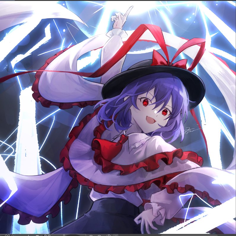 1girl :3 :d black_headwear black_skirt bow capelet commentary_request frilled_shawl frills hat hat_bow index_finger_raised lightning long_sleeves looking_at_viewer nagae_iku open_mouth red_bow red_eyes rokuya_(68_zusao) shawl shirt signature skirt smile solo touhou upper_body white_capelet white_shirt