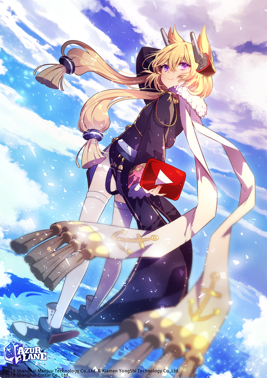 1girl azur_lane blonde_hair blush commission english_commentary floating_hair hair_between_eyes headgear hen-tie highres holding logo long_hair long_legs looking_at_viewer low_twintails official_art open_mouth rudder_footwear scarf shoes sidelocks smile solo standing standing_on_liquid thigh-highs twintails violet_eyes warspite_(azur_lane) watermark white_scarf white_thighhighs yostar youtube youtube_logo