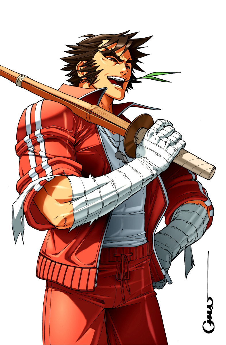1boy bandaged_arm bandages brown_eyes forked_eyebrows half-closed_eyes hand_on_own_hip highres holding holding_weapon jacket kendo looking_ahead male_focus mouth_hold muscular muscular_male mutton_chops nekketsu_hayato omar_dogan open_clothes open_jacket open_mouth pants red_jacket red_pants rival_schools shirt shirt_tucked_in signature sleeves_rolled_up smile solo spiky_hair stalk_in_mouth taut_clothes taut_shirt thick_eyebrows track_suit weapon whistle white_background white_shirt