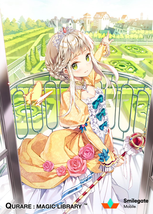 1girl balcony blue_bow bow braid braided_bun bubble bug butterfly company_name copyright_name day dress dress_bow dress_flower earrings feet_out_of_frame flower frilled_sleeves frills garden gem gilse gown green_eyes grey_hair hair_bun holding holding_scepter jewelry juliet_sleeves light_blush long_sleeves looking_at_viewer looking_to_the_side necklace official_art open_door outstretched_arm parted_lips pearl_necklace pink_flower pink_rose pointing princess puffy_sleeves qurare_magic_library rose scepter short_bangs sidelocks smile solo sparkle standing tiara town two-tone_dress white_dress wispy_bangs yellow_dress