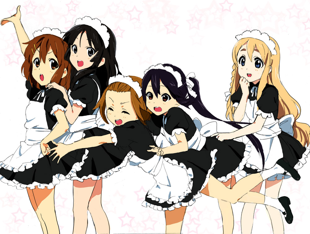 akiyama_mio alternate_costume black_eyes black_hair blonde_hair blue_eyes brown_eyes brown_hair enmaided hirasawa_yui k-on! kotobuki_tsumugi long_hair maid maid_headdress multiple_girls nakano_azusa orie short_hair tainaka_ritsu