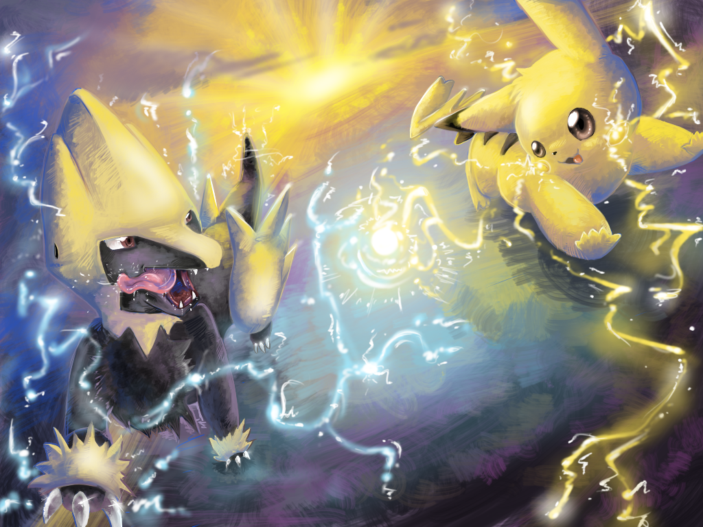 artist_request electricity manectric no_humans pikachu pokemon pokemon_(creature) pokemon_(game) pokemon_rgby pokemon_rse running saliva