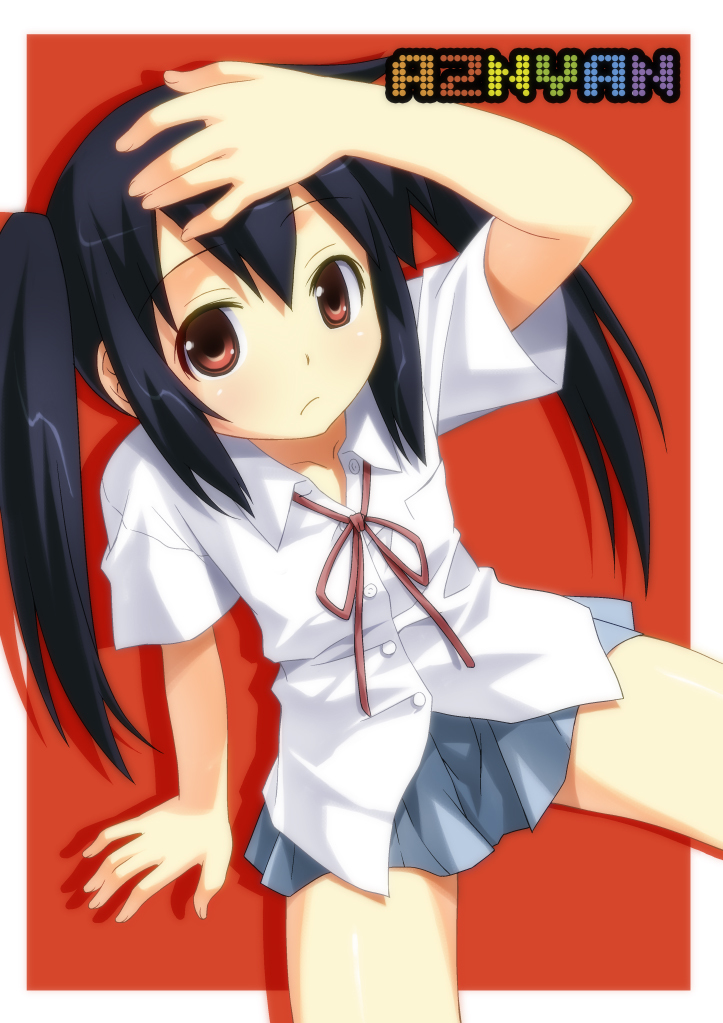 arm_up bad_id black_hair expressionless from_above k-on! long_hair looking_at_viewer looking_up nakano_azusa red_eyes school_uniform sitting solo twintails umekichi
